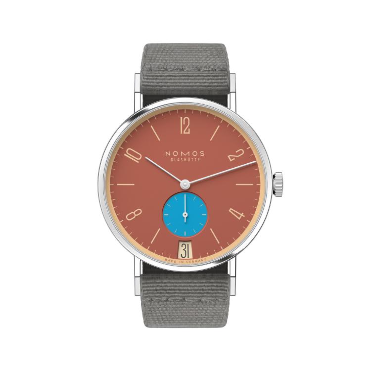Unisex, Handaufzug,  NOMOS Glashütte Tangente 38 Datum Ziegelblau  